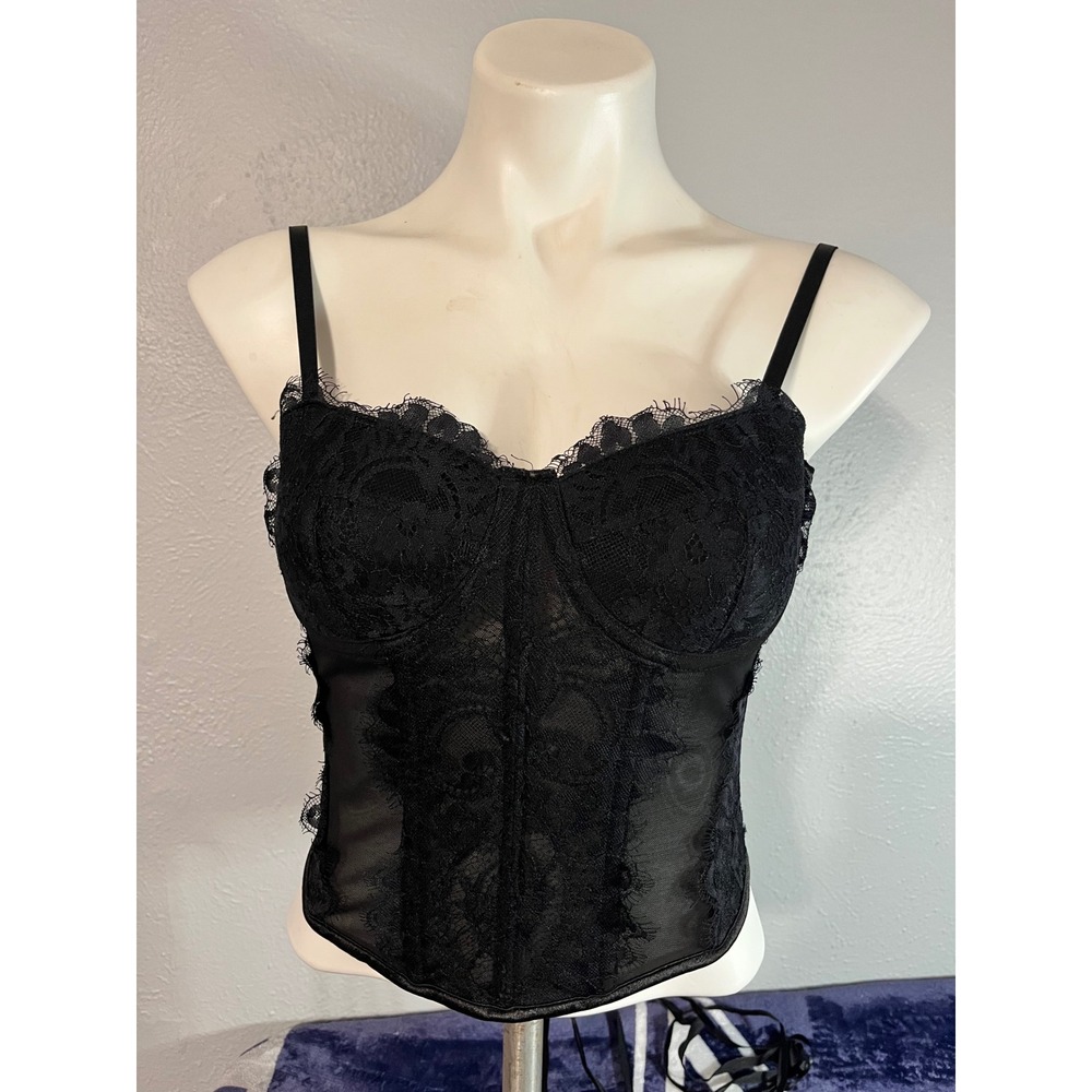 Black Lace Corset Top Sheer‎ Mesh Bustier Lace Up Back Small V3 Floral Goth